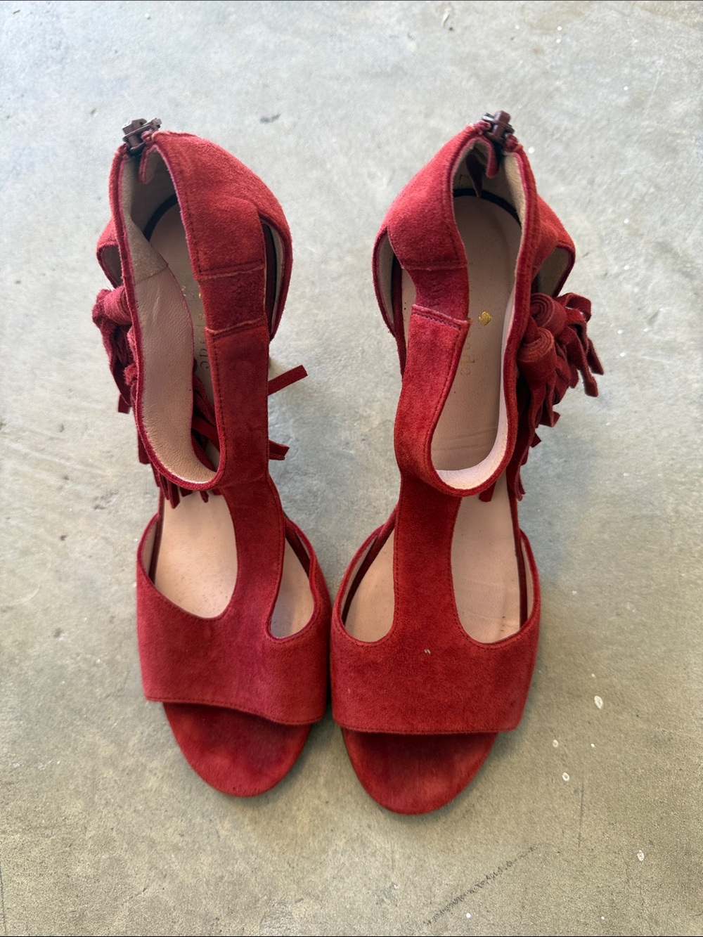 kate spade Red Suede Open-Toe Heels with Tassel Ankle Detail
